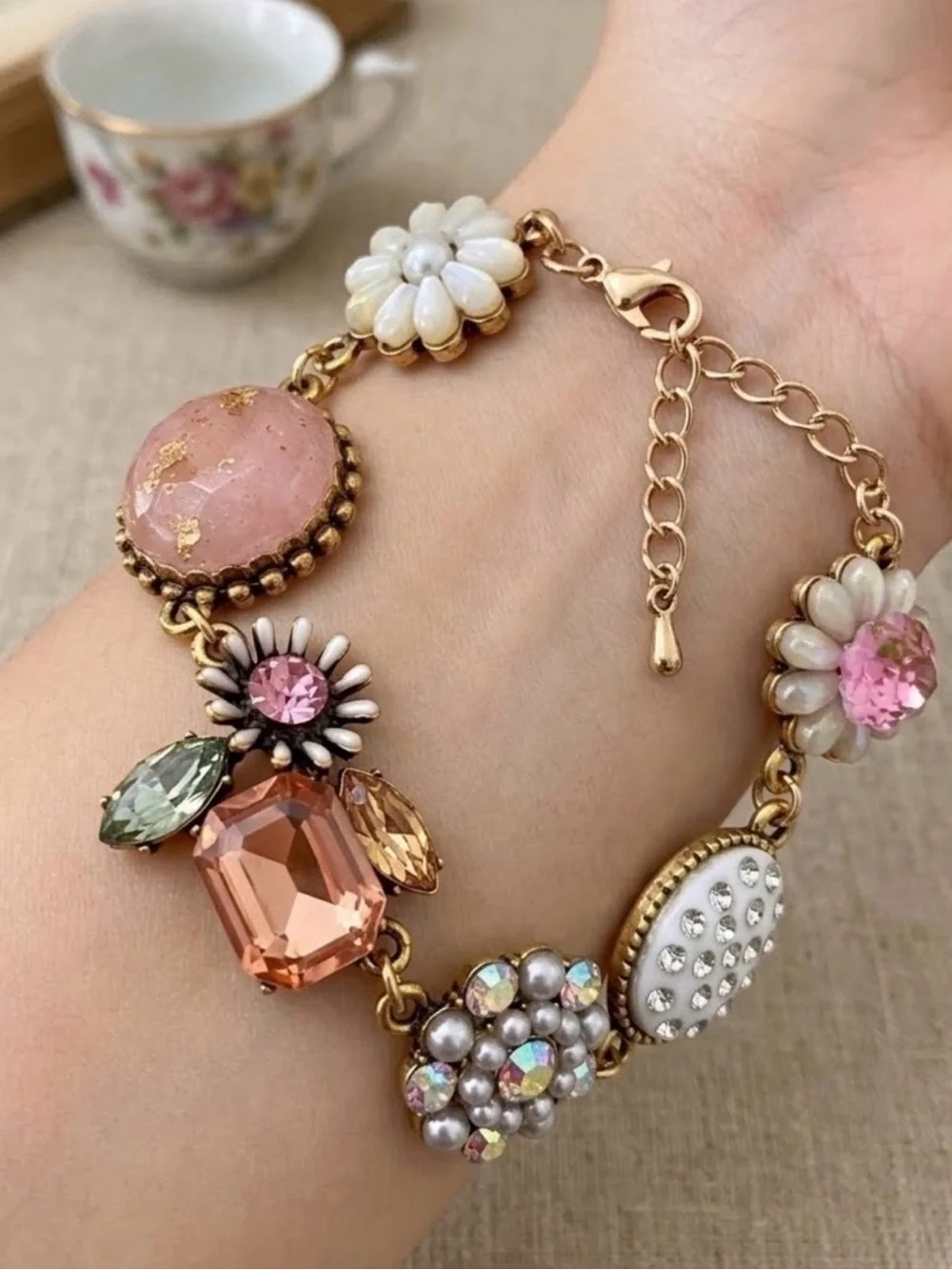 Vintage Inspired/Gold-Tone Pink Floral Crystal Bracelet
